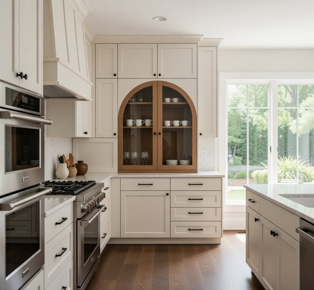 Arched Cabinet Door Accent in White Shaker Kitchen - Caron Industries Kitchen with white shaker cabinets and arched wood glass door accent cabinet - soft arch top rail trend in cabinet door design - Caron Industries