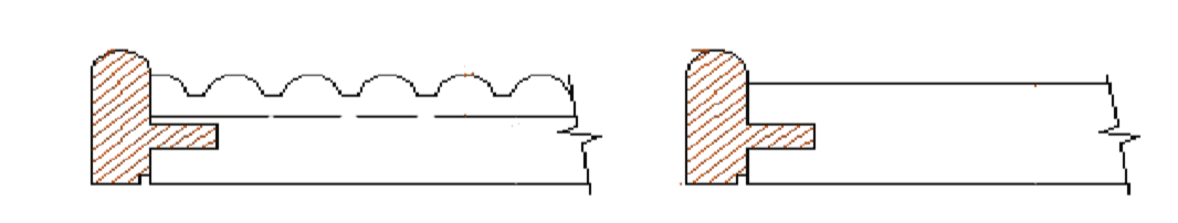 Porte cannelée vs porte panneau plat avec perle — Industries Caron Dessin technique en coupe montrant une porte à panneau cannelé avec perle extérieure sur le cadre (gauche) versus une porte à panneau plat avec la même perle extérieure (droite)