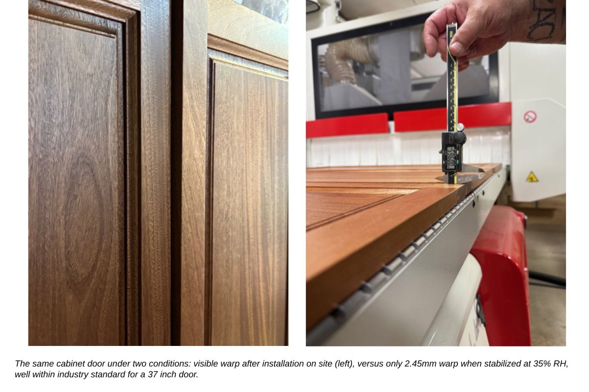Cabinet door warp comparison under different conditions.