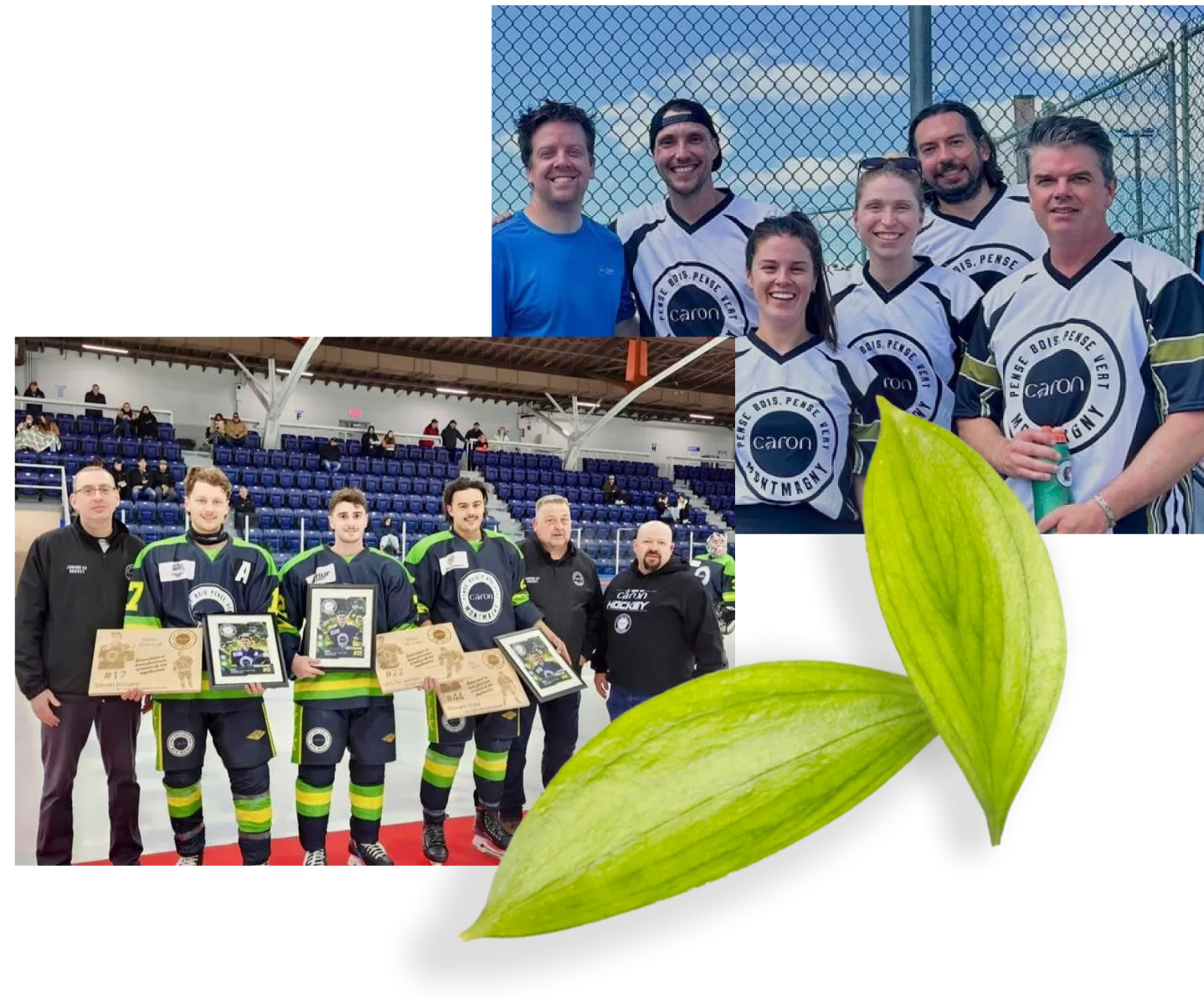 Équipe de hockey célébrant avec trophées et entraîneurs.