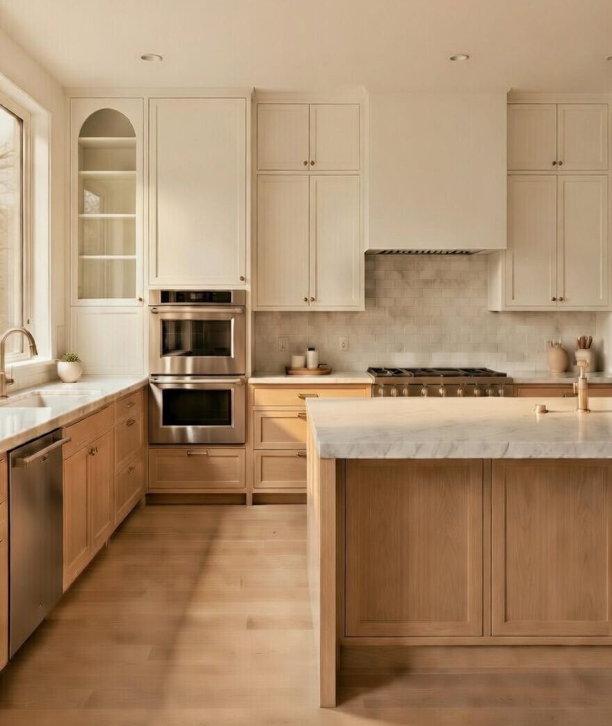 Two-Tone Kitchen With Stained Oak and White Shaker Cabinets - Caron Industries Modern kitchen with stained oak lower cabinets and white shaker upper cabinets - natural wood grain and warm tones trending in 2025 - Caron Industries
