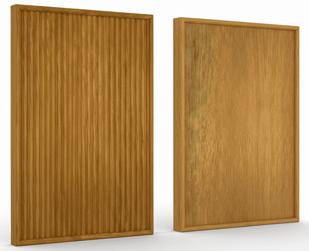 Fluted vs Flat Panel Oak Cabinet Door Comparison - Caron Industries Fluted oak cabinet door vs flat panel oak door with outside bead - 3D render and cross section profiles showing 2025 texture trend - Caron Industries