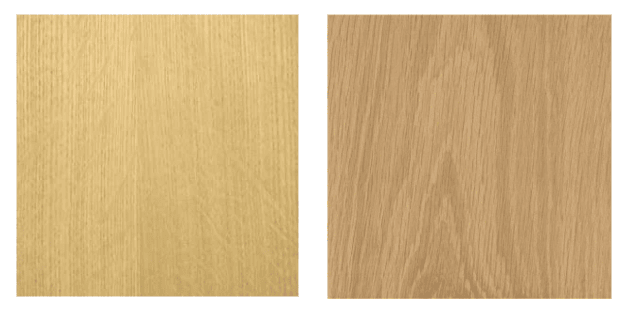 Quarter Sawn vs Flat Cut Oak Grain Comparison - Caron Industries Quarter sawn oak vs flat cut oak grain pattern comparison - straight uniform grain vs cathedral pattern - Caron Industries